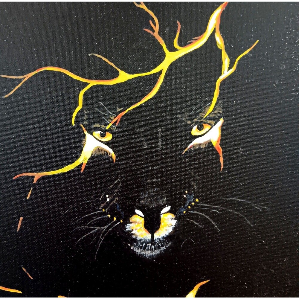 Black Panther Painting Yellow Eyes And Branches 14" X 11"